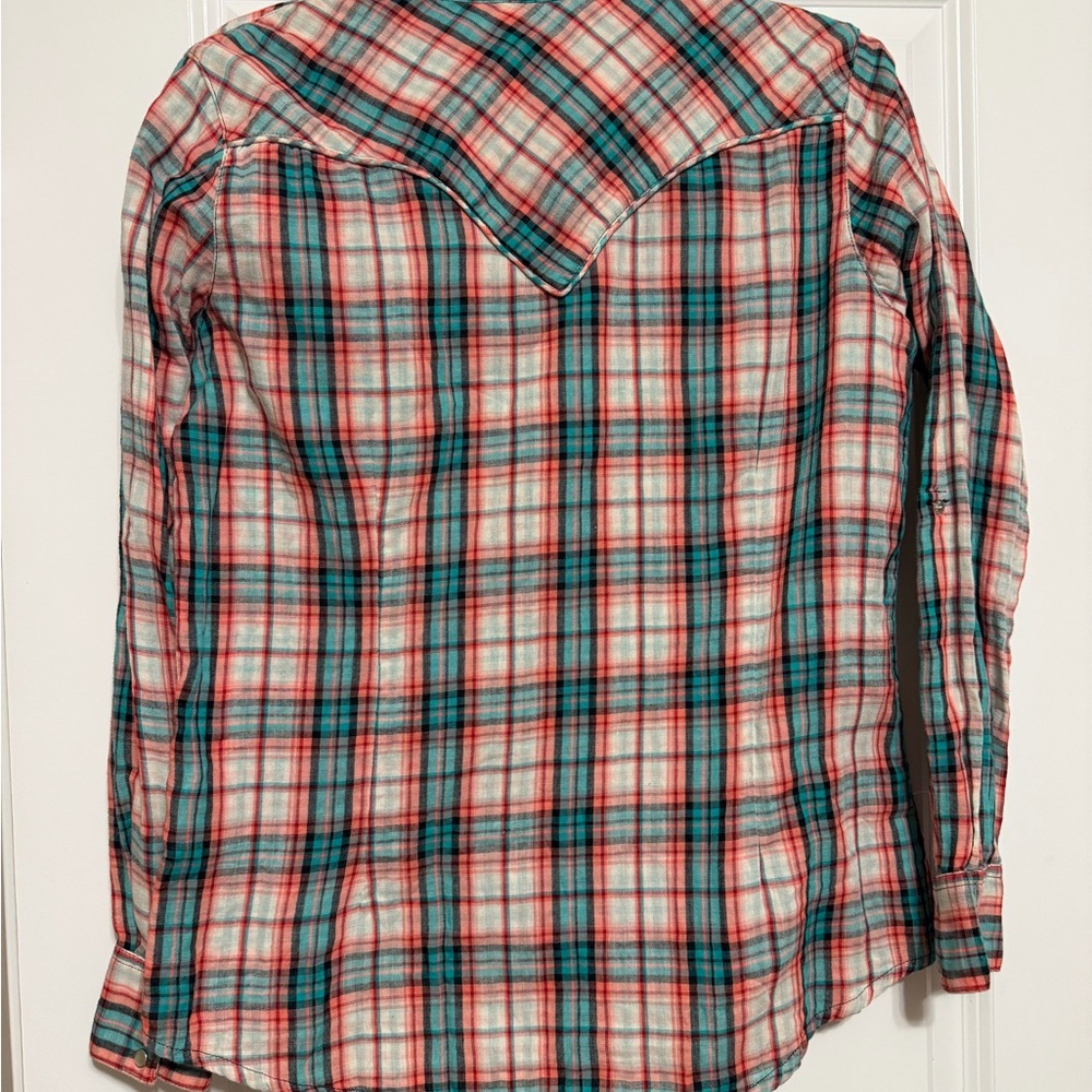 Vintage Wrangler Western Women’s Plaid Shirt - Orange and Blue - Picture 4 of 5